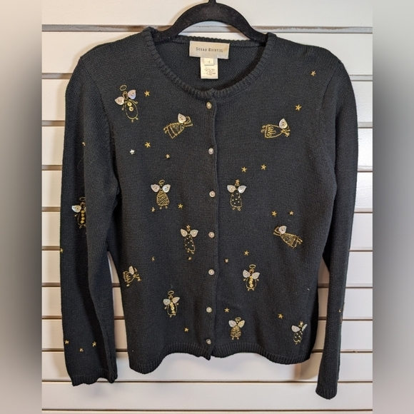 Susan Bristol Sweaters - Susan Bristol Embroidered Angel Black Cardigan Sweater SZ Med Christmas 2005